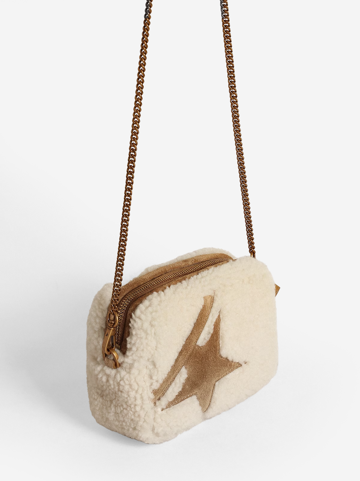 Mini Star Bag aus beigem Lammfell mit Wildlederstern 