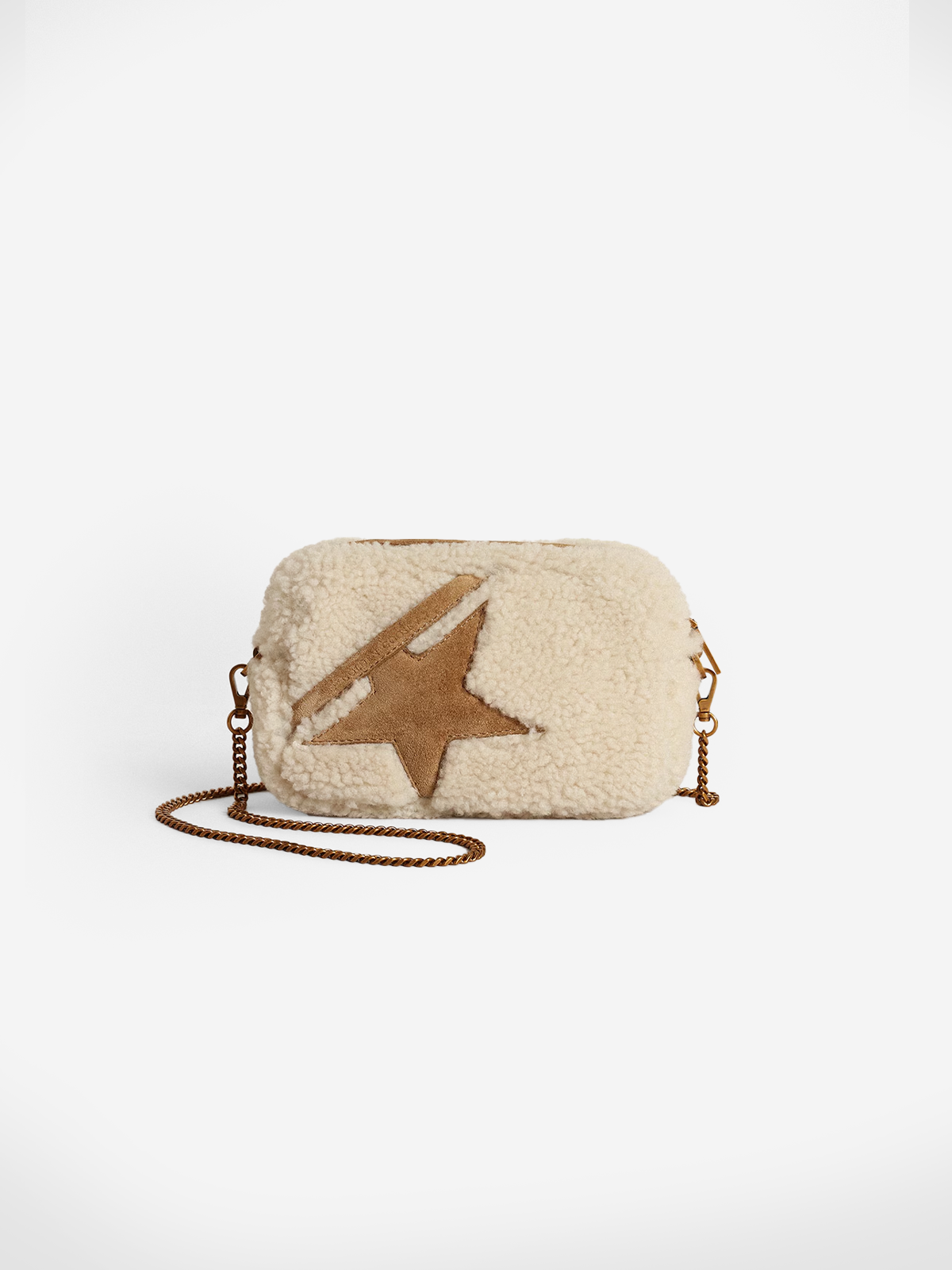 Mini Star Bag aus beigem Lammfell mit Wildlederstern 